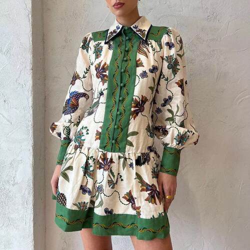 Single long lantern sleeve graffiti printed lace up waist
