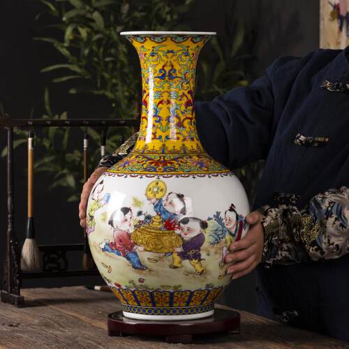 景德镇陶瓷富竹大型花瓶摆件家装落地瓷新型中国风客厅干花插花