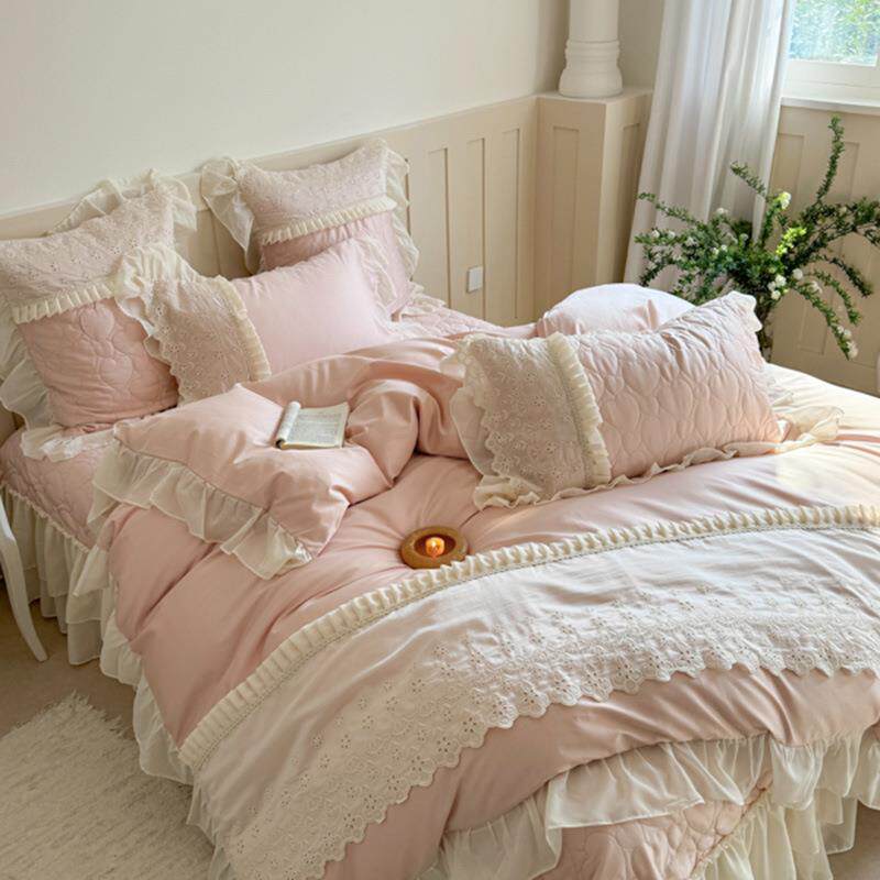 高档法式轻奢少女心粉色床单四件套韩版公主风蕾丝花边床盖四件套
