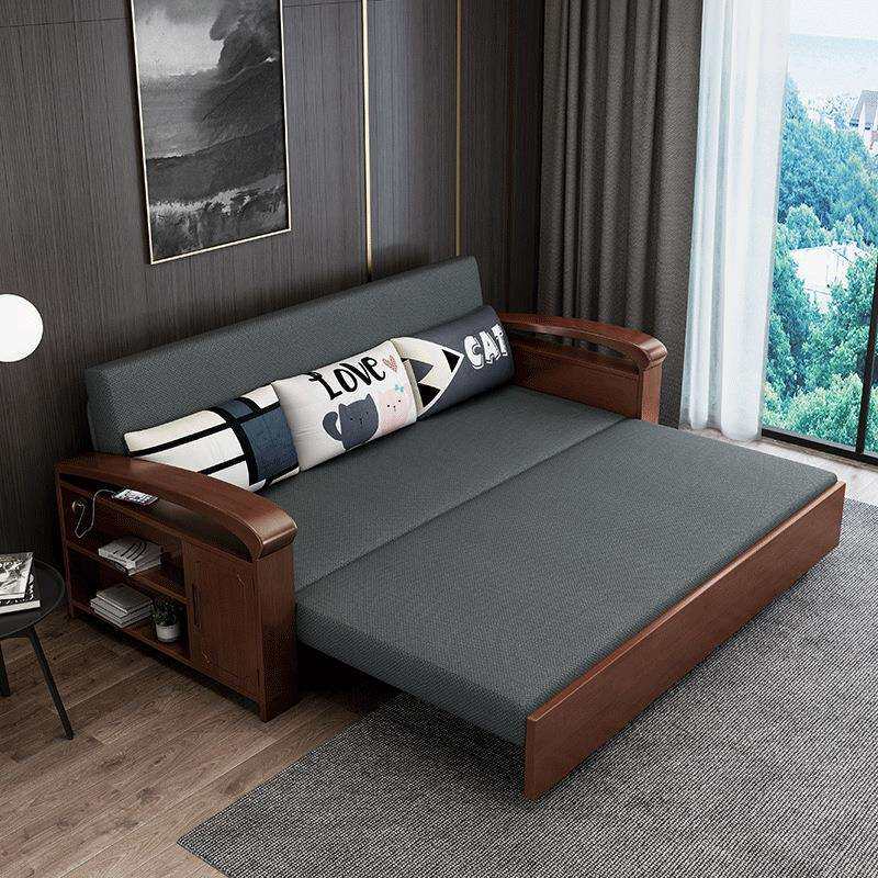 实木多功能折叠坐卧简易推拉两用客厅小户型双人新中式储物沙发床