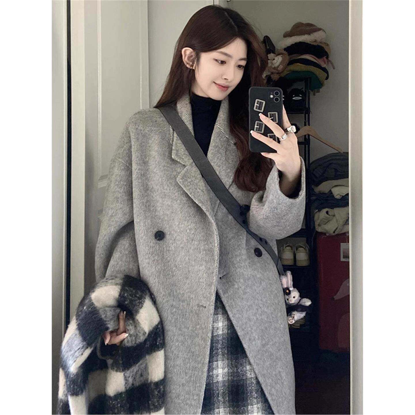 Ocnltiy灰色毛呢外套女新款秋冬韩系小个子高级感中长版呢子大衣