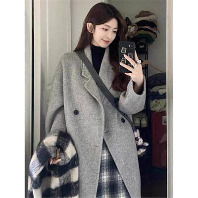 Ocnltiy灰色毛呢外套女新款秋冬韩系小个子高级感中长版呢子大衣