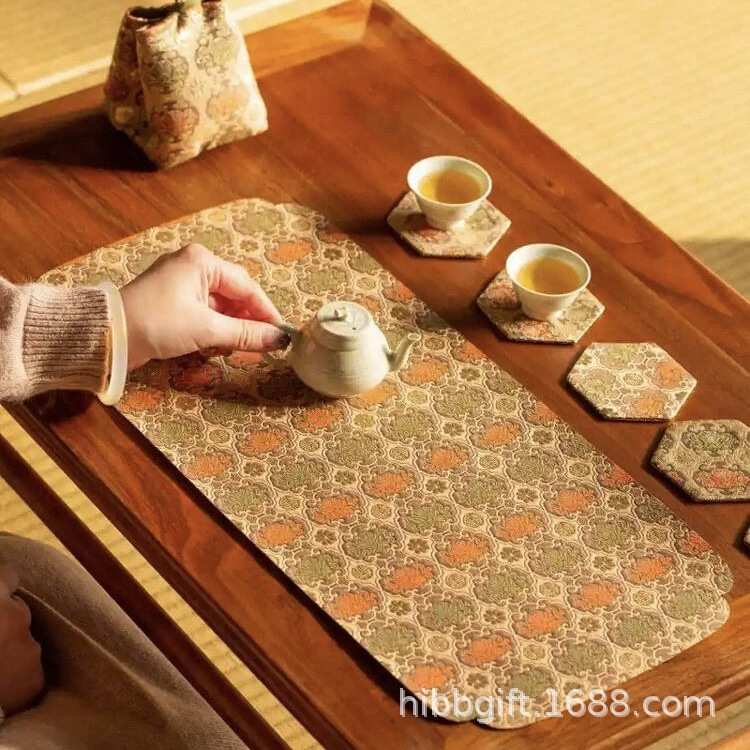 知舍新品金编如意莲纹干泡席复古中式茶桌台布垫双面禅意布艺桌旗