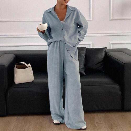 Two Set Button Front Shirt Drawstring Waist Pants Casual