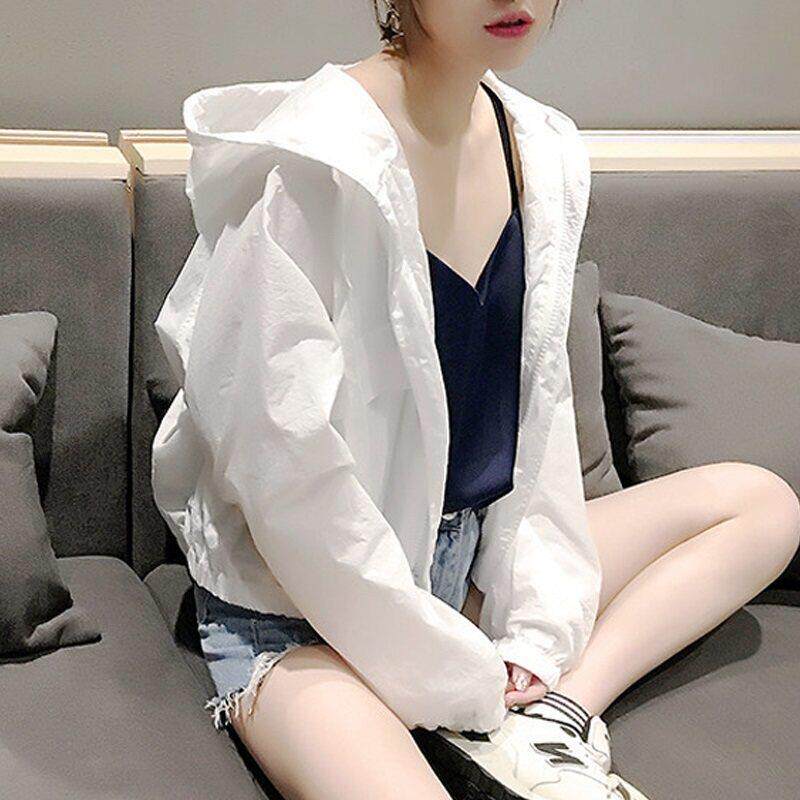 白色防晒衣女夏季薄款2025新款宽松显瘦连帽开衫防晒服短款外套女