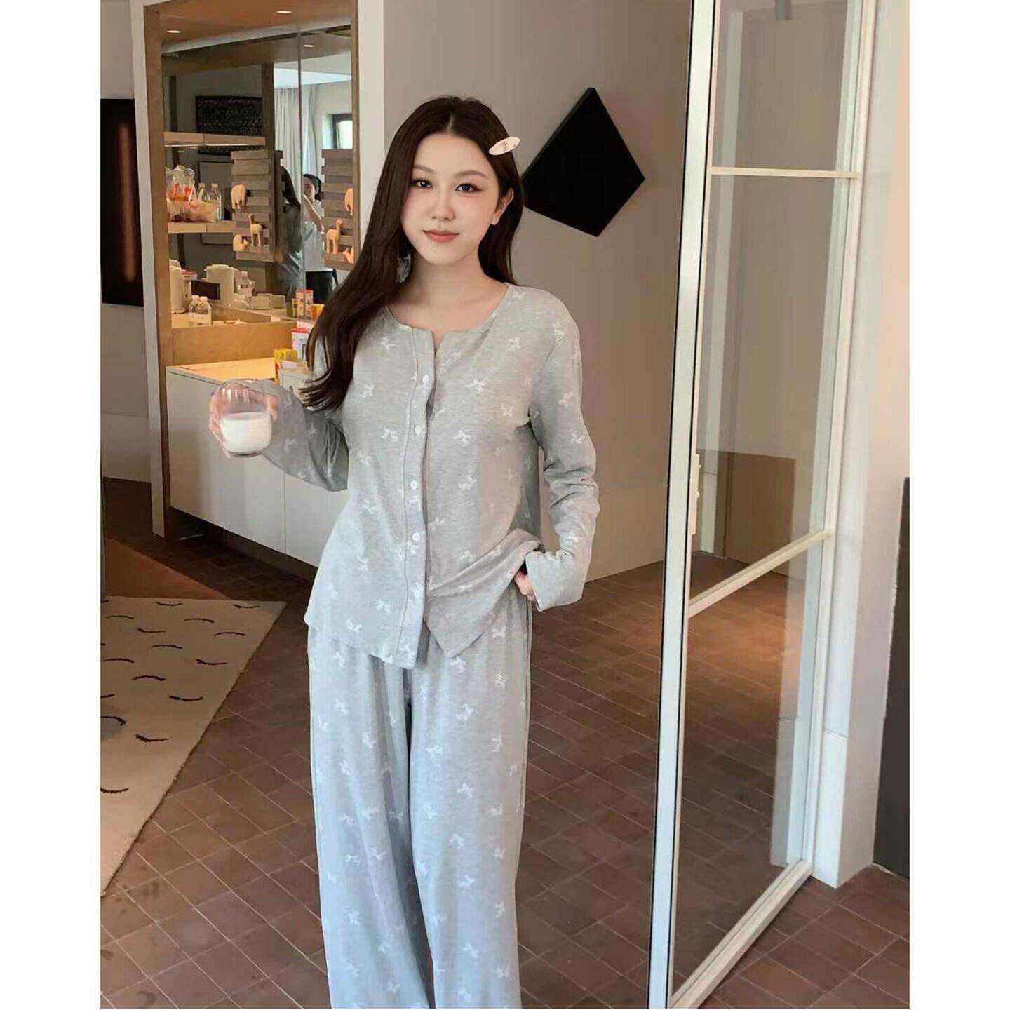 韩版蝴蝶结印花纯棉开衫睡衣女春季可外穿蕾丝花边长袖长裤家居服
