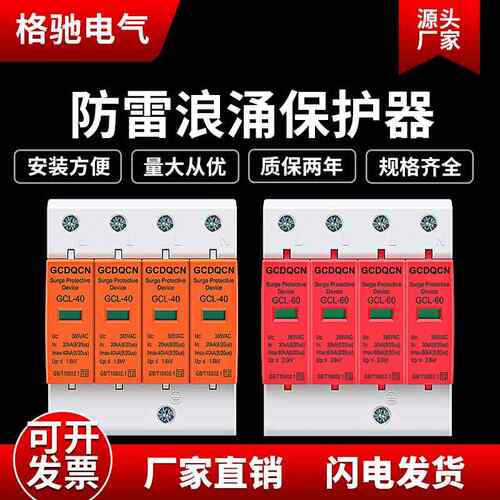 家用220V浪涌防雷保护器2P电涌模块100三相避雷40 60KA一级浪涌4P