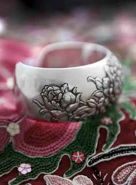 高档喜月手工纯银饰品原宽创设计定制浮复古99足女纯雕银手镯牡丹