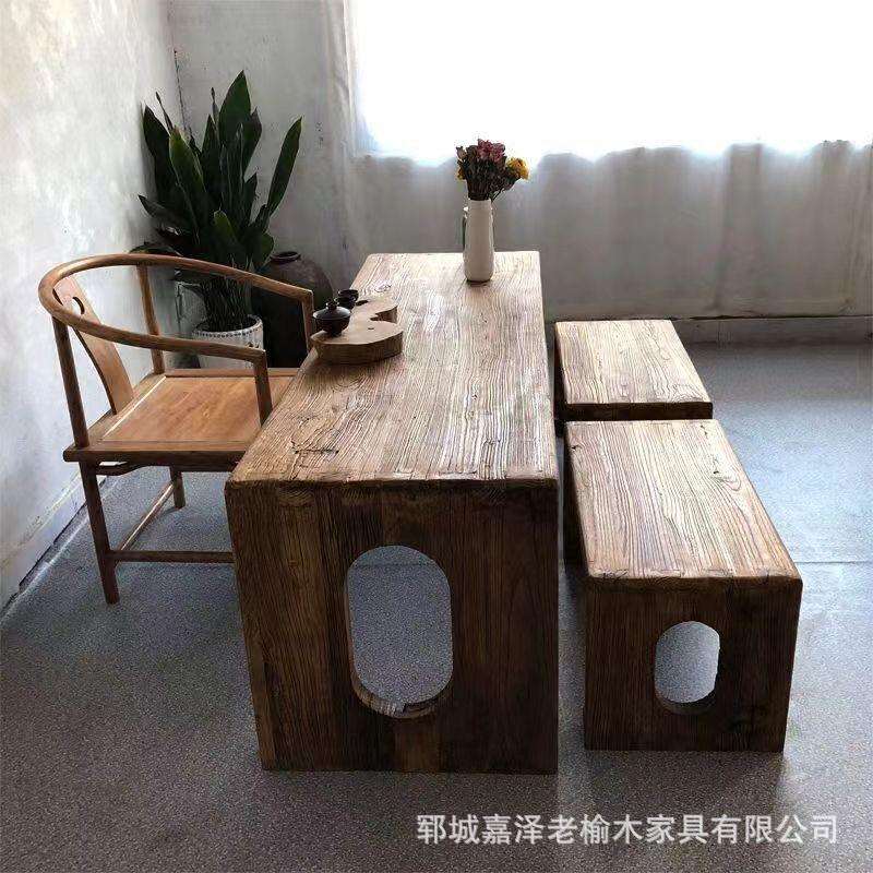 老榆木茶桌禅意书桌中式办公室茶泡茶台风化老门板家用茶几桌餐桌