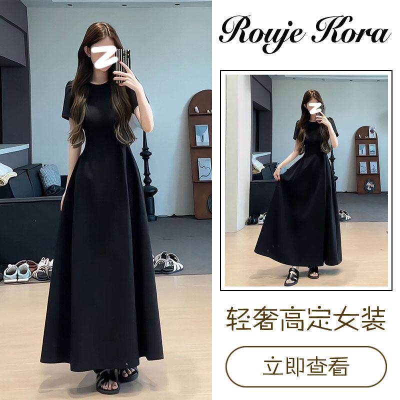 Rouje Kora法式赫本风连衣裙子女夏季收腰显瘦修身型圆领气质长裙
