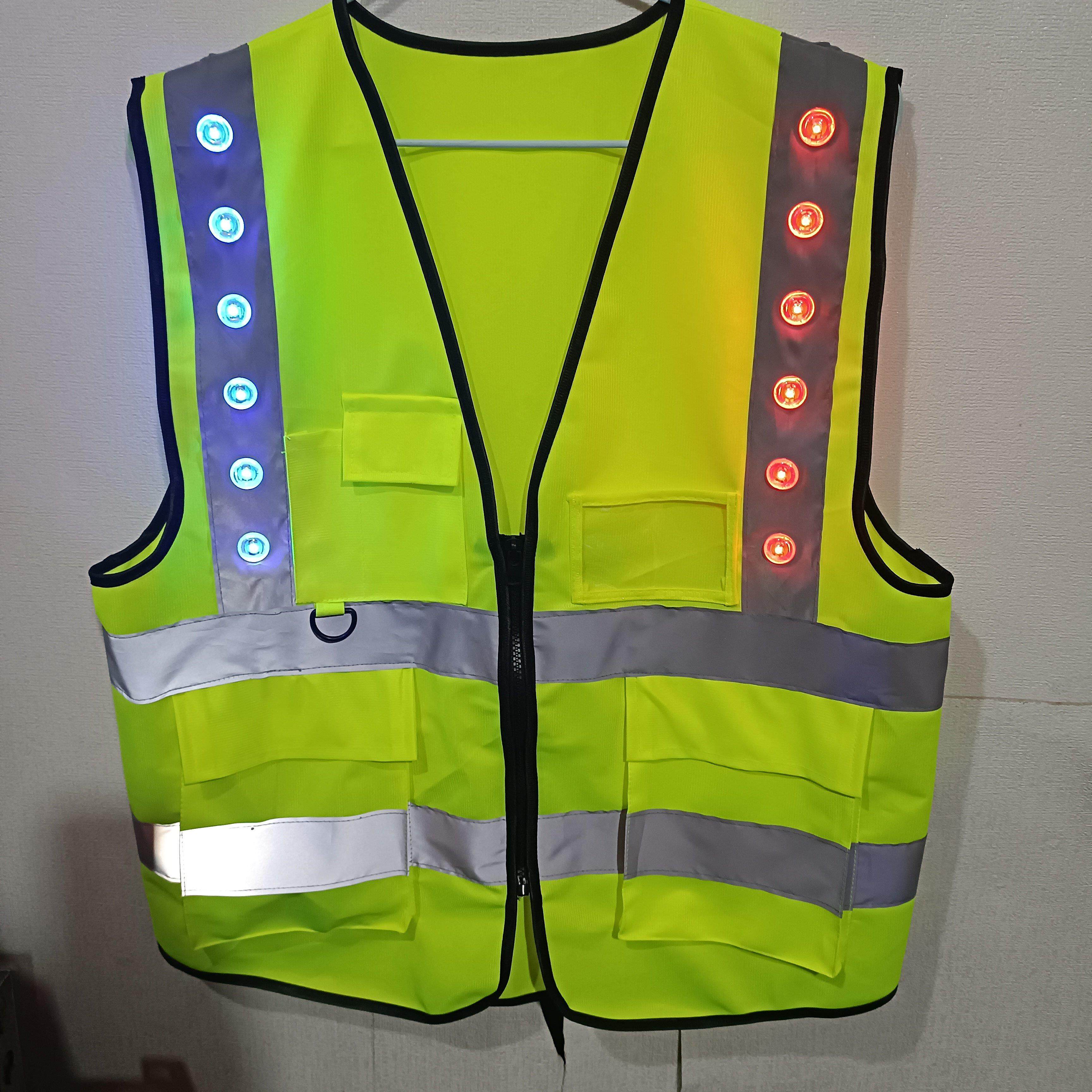 LED灯反光背心马甲施工安全服反光衣夜间骑行高反光服红蓝爆闪