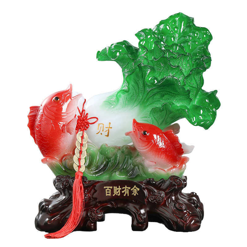 中式玉白菜摆件百财有余开业招财鱼创意家居装饰品客厅电视柜摆设