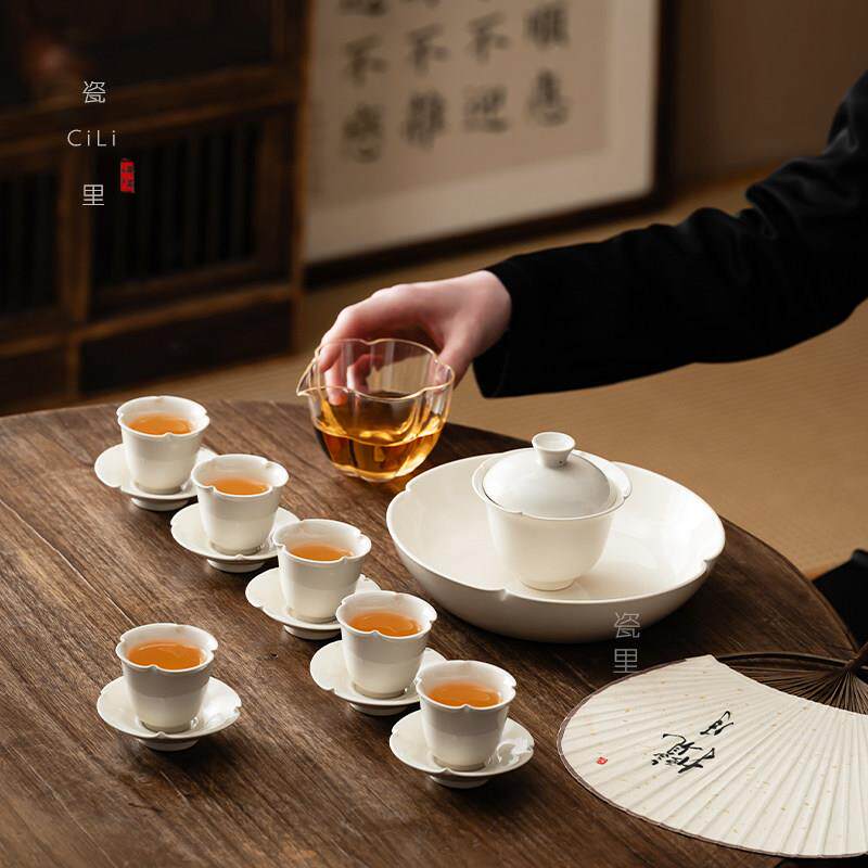 覆古草木灰家用功夫茶具套组喝茶盖碗茶杯杯垫客厅办公室泡茶器具
