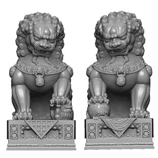 歪头狮子带底座石雕墓碑古典栏杆狮子精雕图STL圆雕石头雕刻图