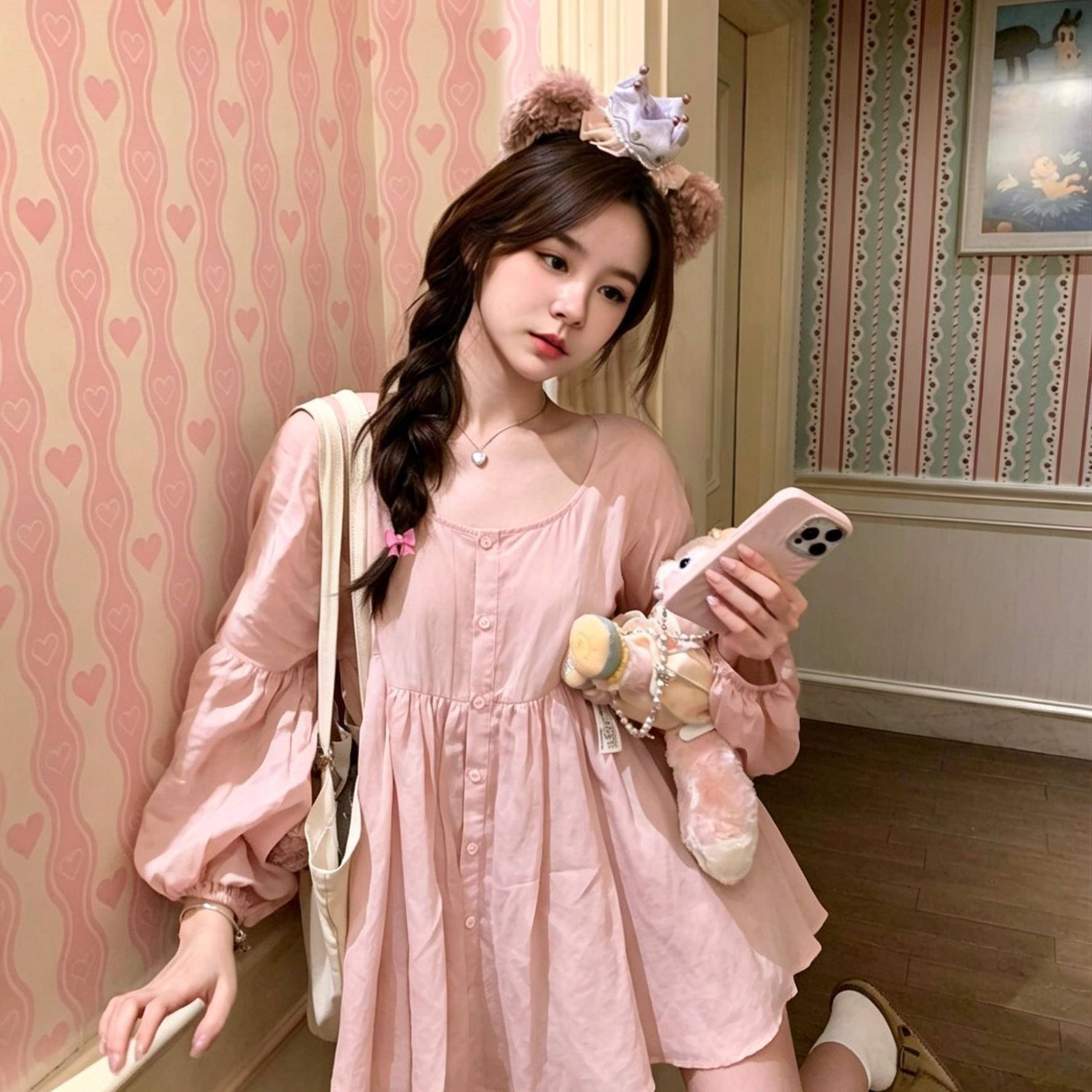 新品春季粉色衬衫女灯笼袖中长款衬衣女高级感轻奢减龄洋气娃娃衫
