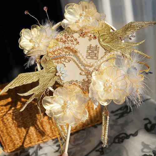 团扇结婚新娘秀禾成品香槟色高级出嫁中式婚礼喜扇diy材料包