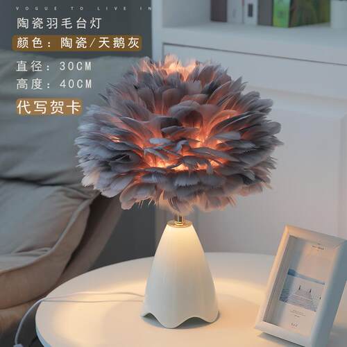 高档女生卧室台灯床头灯轻高端奢高级感装饰漫温馨礼物浪瓷羽陶毛