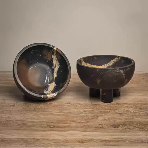 现代无障碍豪华风格大理石高水果盘装饰客厅餐桌黄色石灰华储物盘