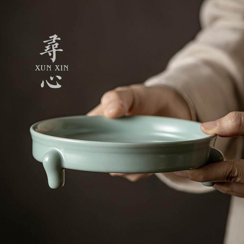 天青汝窑三足壶承开 片可养功夫茶具壶托 托汝瓷干泡台茶盘陶瓷茶