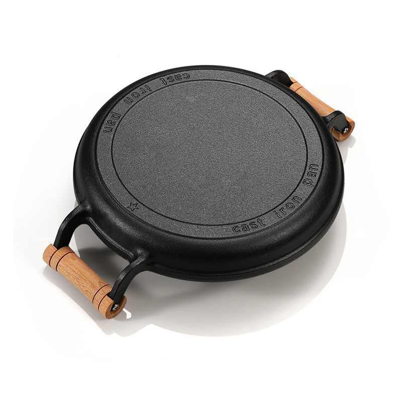 木柄家用煎饼锅铸铁平底锅烙饼鏊子摊煎饼果子工具不粘锅手抓饼锅