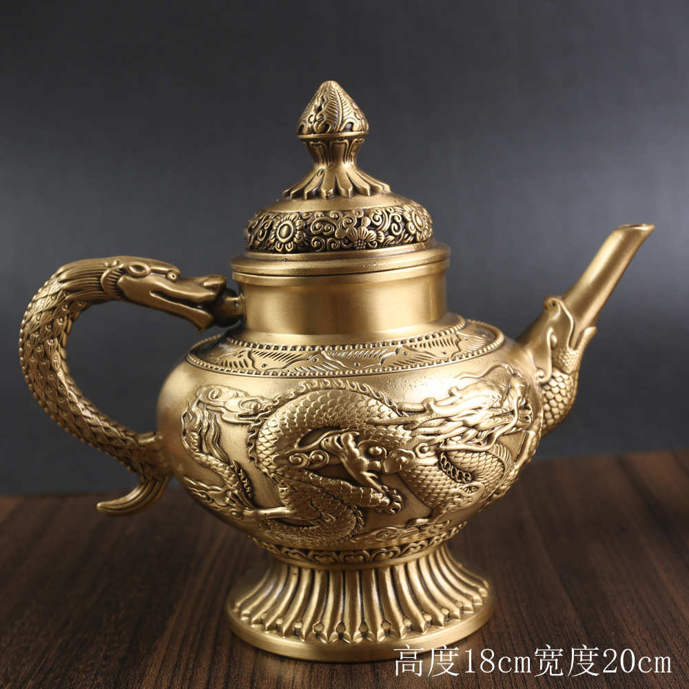 纯铜茶壶铜器摆件铜器金属复古桌面龙凤工艺品家居酒壶黄铜办公室