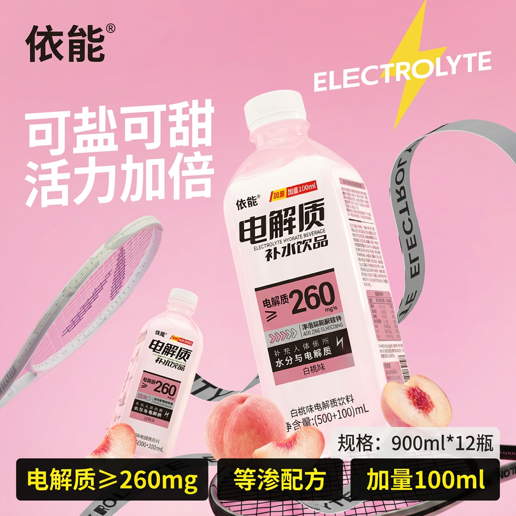 依能电解质饮料900ml*12瓶白桃青提味补水补盐等渗加量装