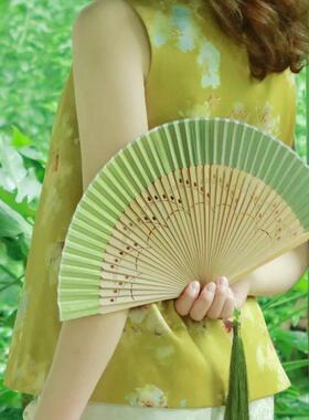 麦穗渐变绿色小清新6.6寸女扇草绿色折扇舞蹈汉服扇子小扇子
