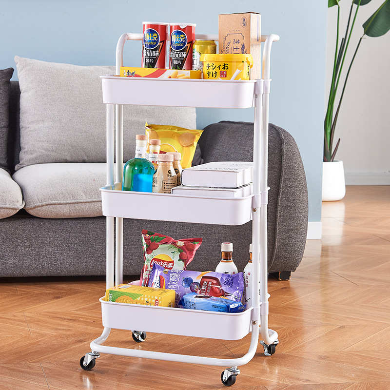 塑料手推车置物架带扶手厨房落地多层可移动美容车架带轮子收纳架