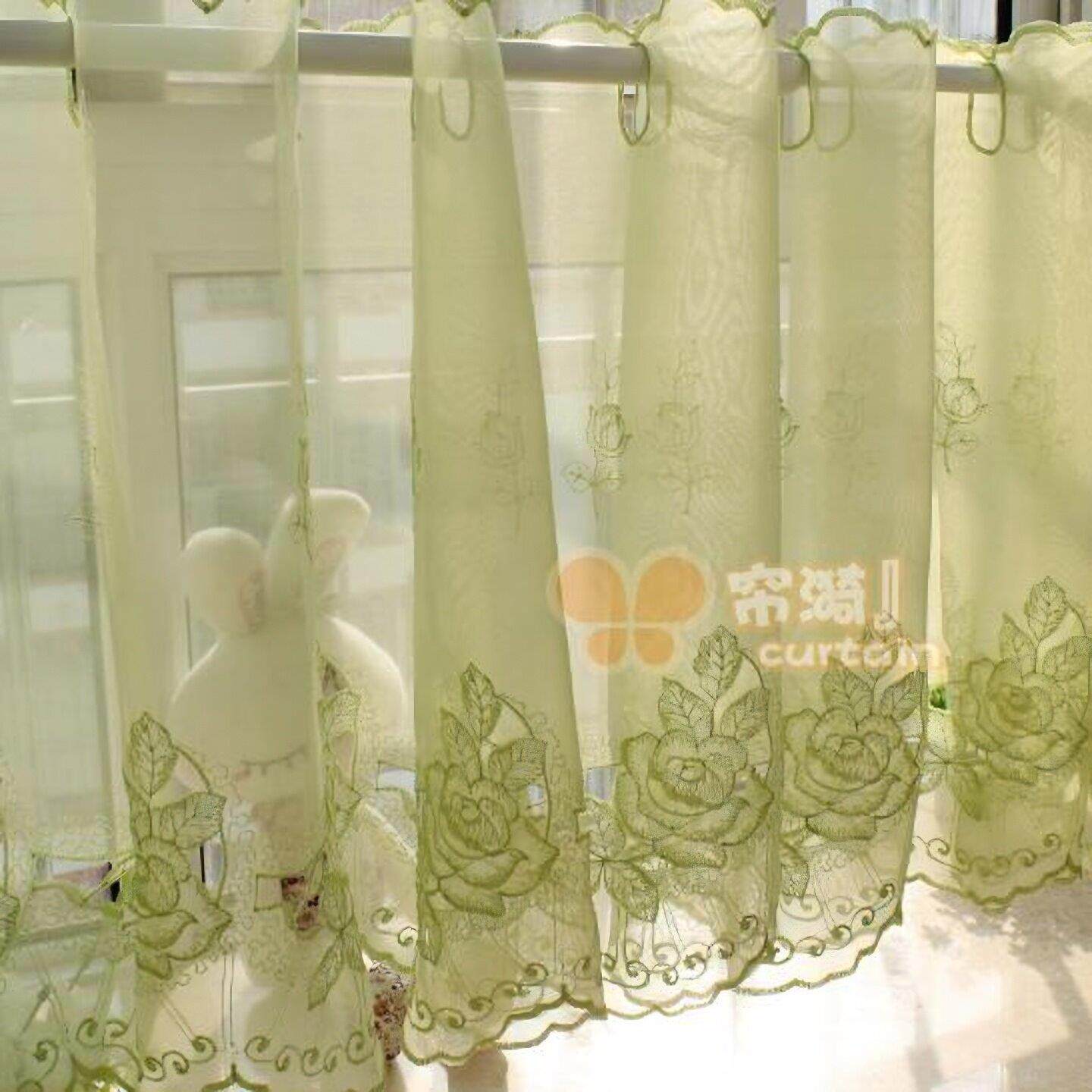 绿色玫瑰镂空咖啡帘半帘成品厨房小短门帘穿杆隔断窗整体橱柜帘门