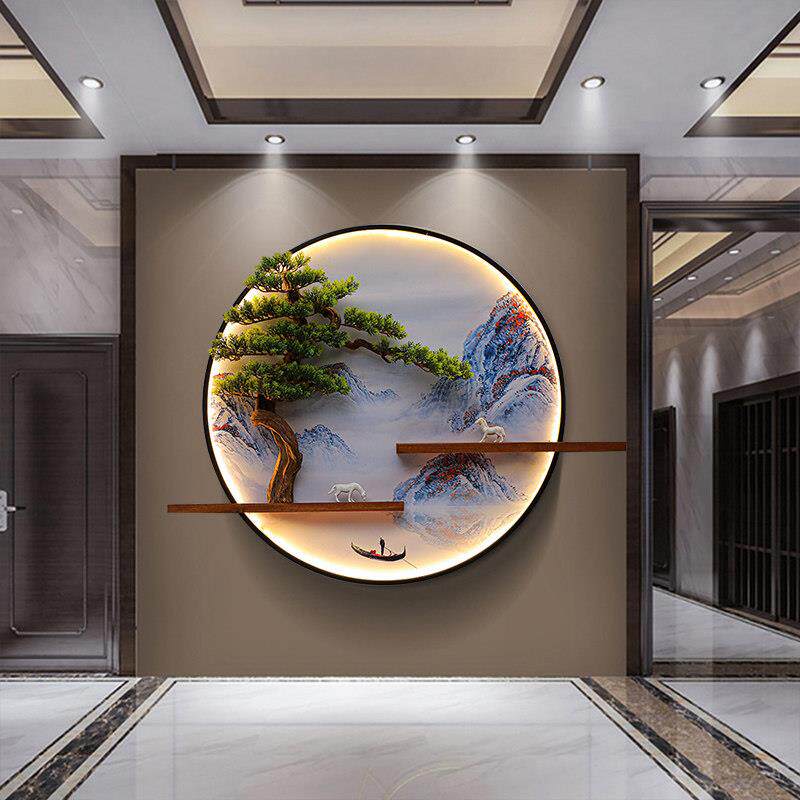 迎客松新中式入户玄关装饰发光壁画 画挂件会所客厅沙发电视背景