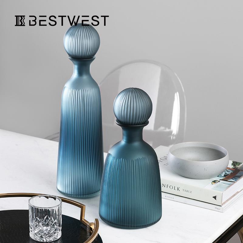 Bestwest磨砂小口带盖多功能玻璃小花瓶家居收纳罐装饰品摆件