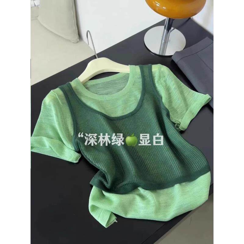 潮牌夏季新款绿色圆领假两件短袖t恤女洋派减龄气质小众T恤上衣