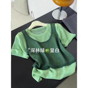 潮牌夏季新款绿色圆领假两件短袖t恤女洋派减龄气质小众T恤上衣
