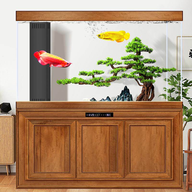 新中式大型2米鱼缸客厅家用仿实木龙鱼缸超白玻璃底滤2025年新款