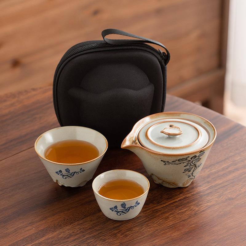 草木灰便携式旅行茶具小套装户外青花瓷手抓泡茶壶茶杯露营快客杯图片