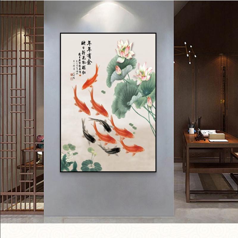 连年有余九鱼图装饰画客厅餐厅墙壁画玄关过道竖款挂画 九鱼图