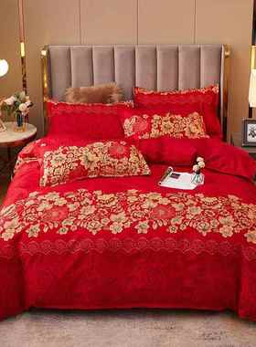 E1214F大红色纯棉加厚Q单被套磨四床件套毛双人床中式婚庆六件套