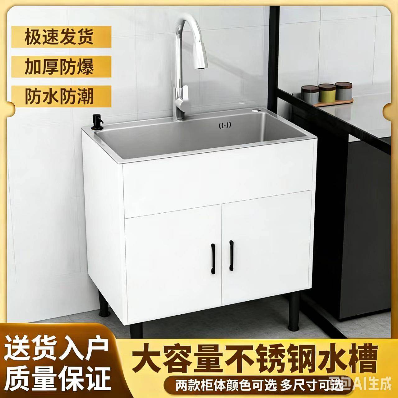 简易整体橱柜不锈钢洗碗池厨房洗菜盆具一体柜单双水槽家用落地洗