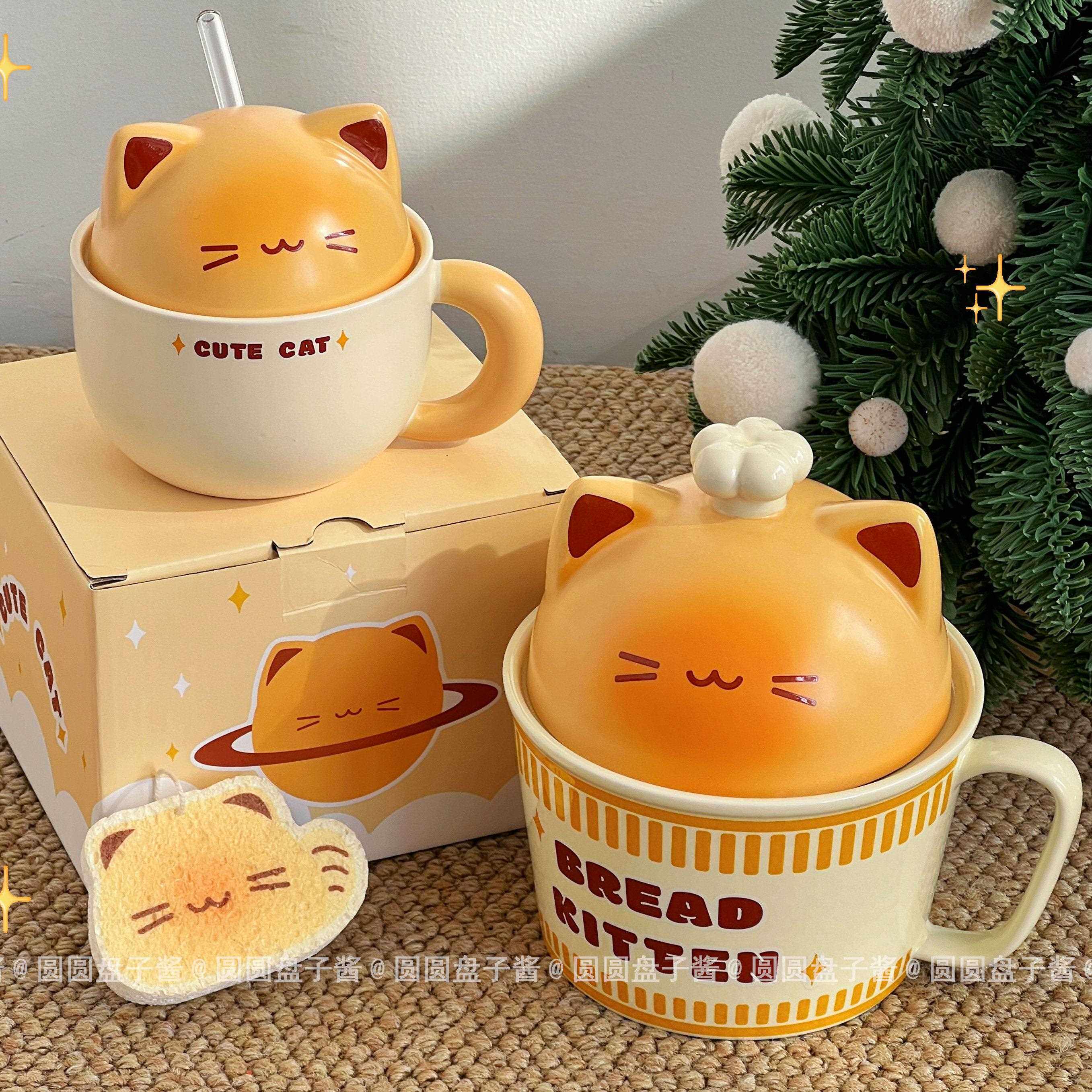 星球小猫泡面碗暖手杯冬天送人陶瓷可爱实用餐具宿舍把手马克杯