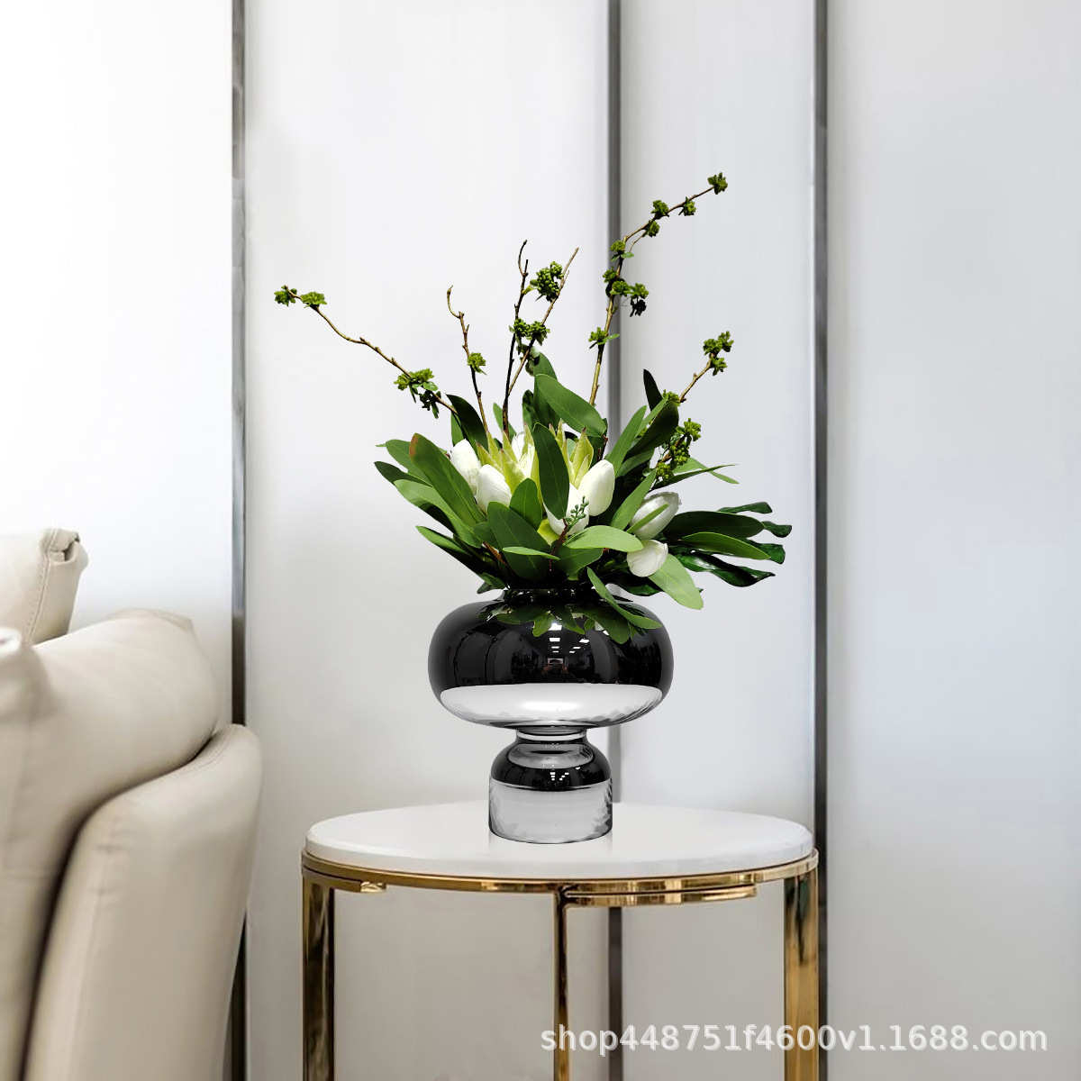 现代轻奢银色花器装饰品酒店整体仿真花艺摆件样板房洽谈桌工艺品