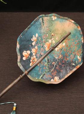 GJU8批发紫竹手工缎面竹编扇子大扇复古麈尾团扇竹制加厚宣纸扇扇