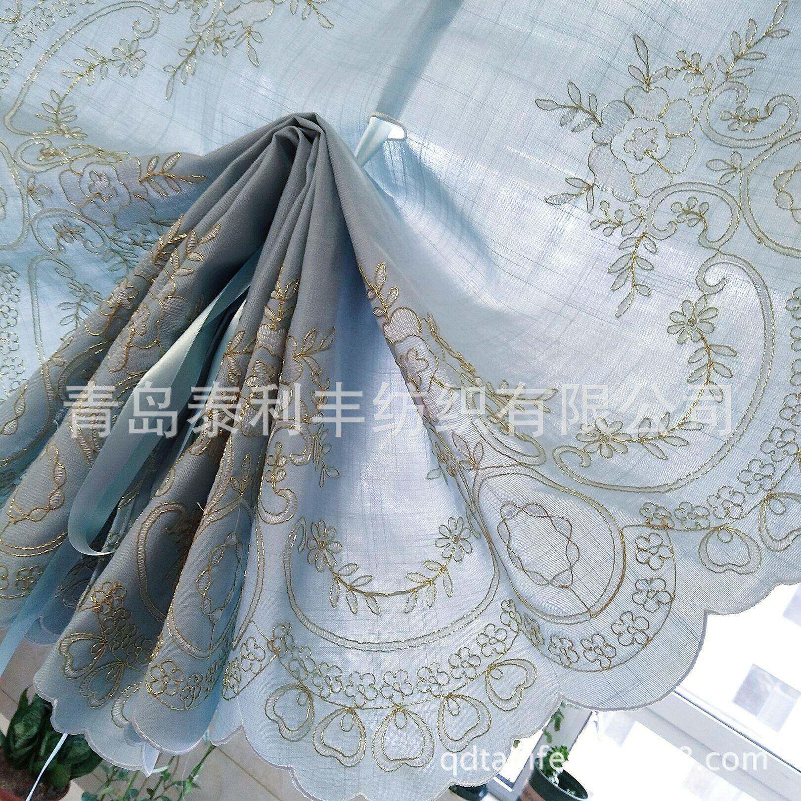 窗帘 提拉竹节布窗纱锦绣蓝色飘窗提拉升降气球帘 绣花窗帘