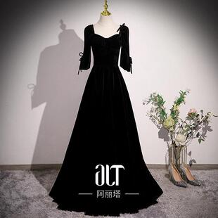 黑色长版晚礼服高端气质名媛艺考成人礼钢琴演出指挥主持人洋装