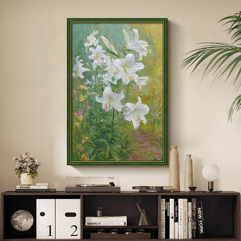 《百合花》法式覆古客厅沙发背景墙装饰画 画绿色艺术中古风饭厅挂画 画盖布配件