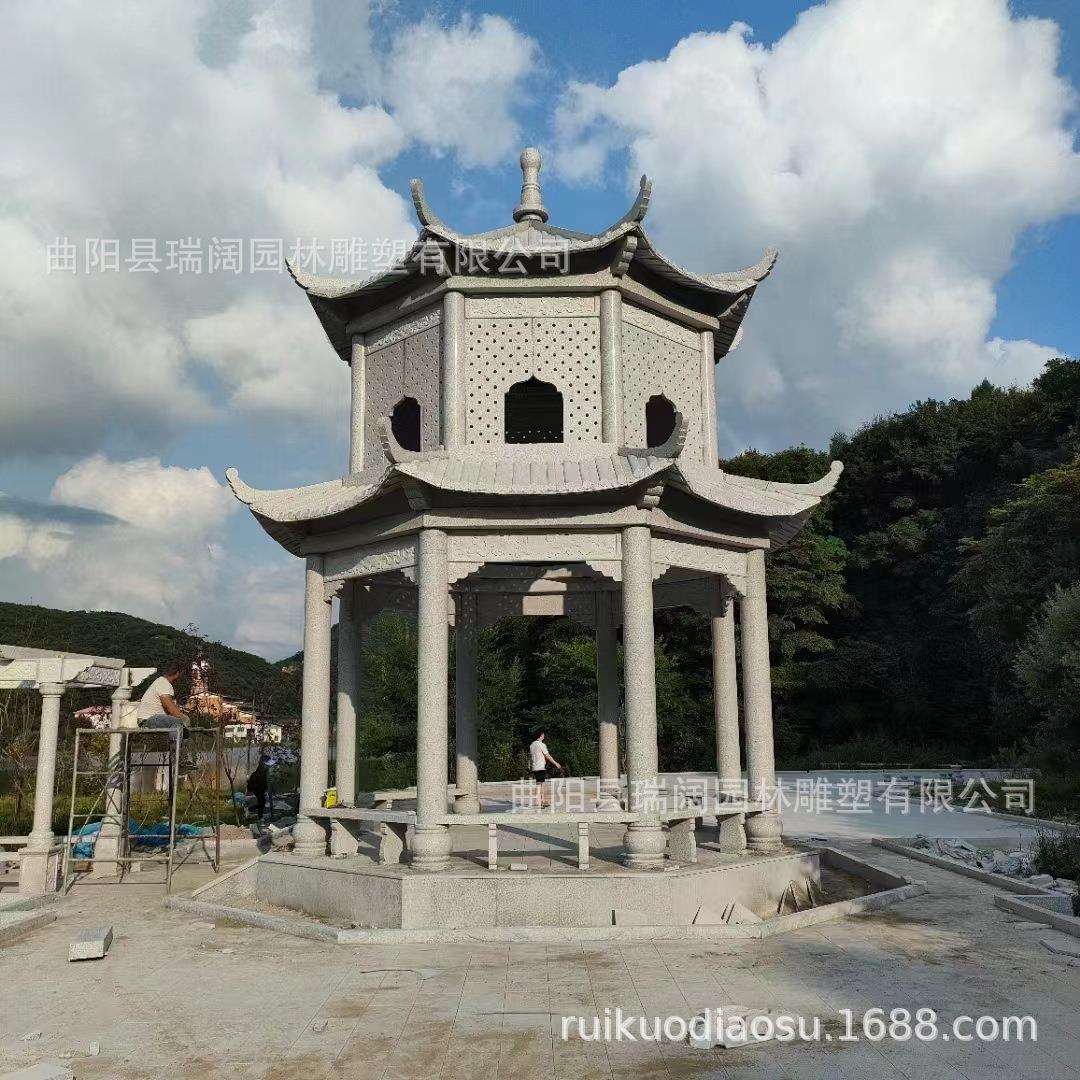 厂家供应各种花岗岩材质亭子 晚霞红大理石花架走廊凉亭六角亭八