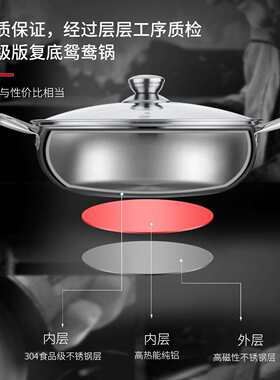 创生新款加厚复底304不锈钢鸳鸯锅火锅盆 中间隔层不串味打火锅