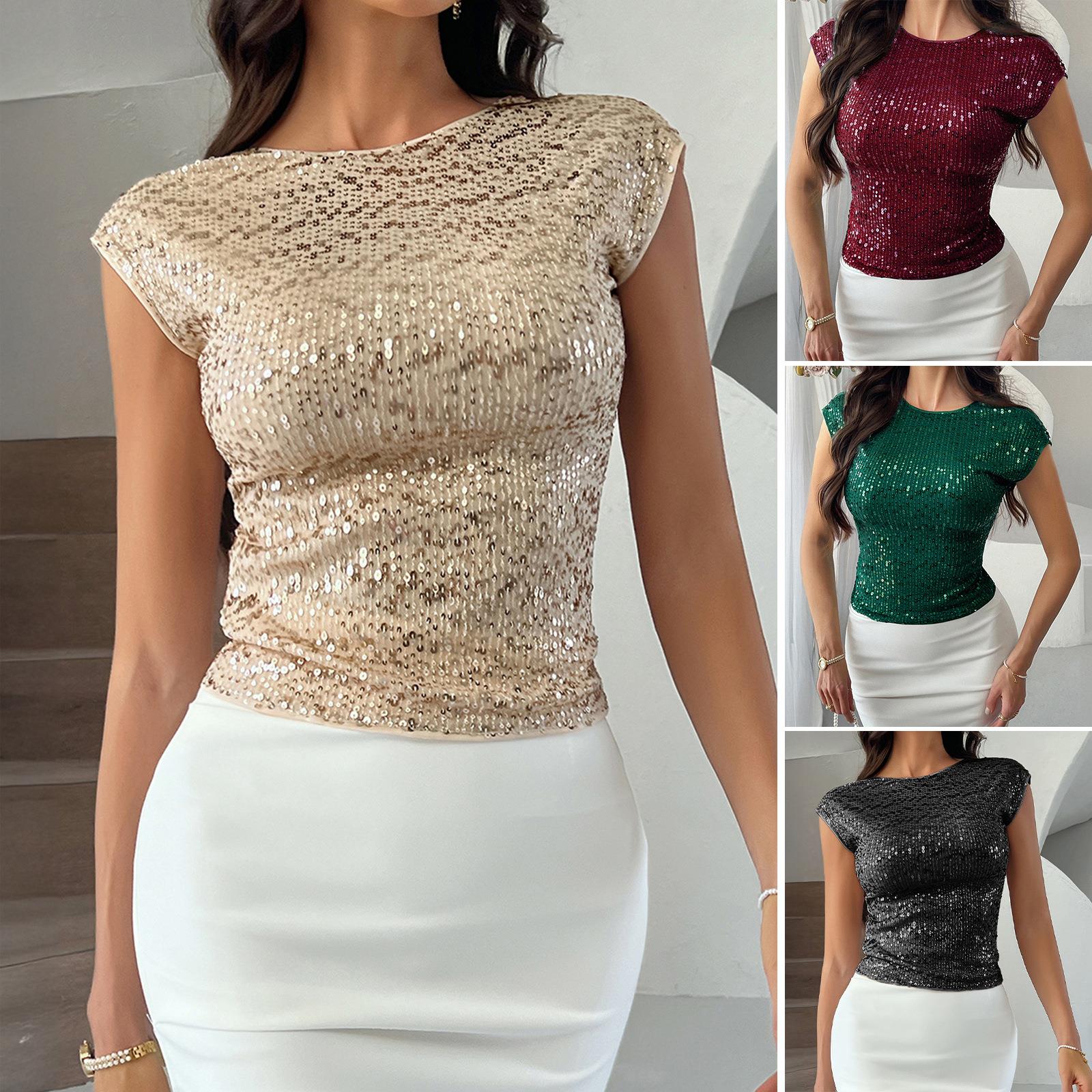Top women's backless sequin party short sleeved top for图片