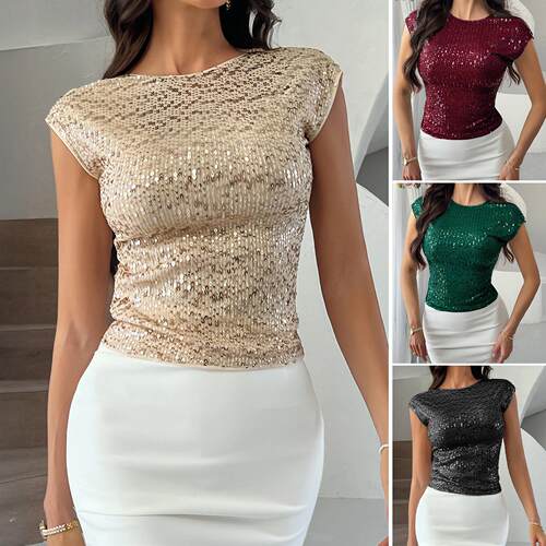 Top women's backless sequin party short sleeved top for