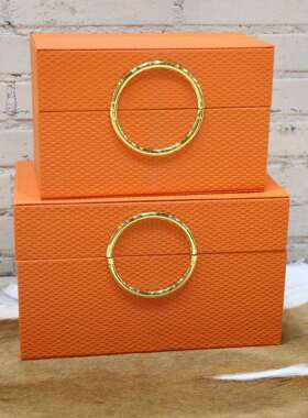 简约时尚装饰盒样板房玄关收纳摆件橙色皮质盒子软装衣帽间收纳盒