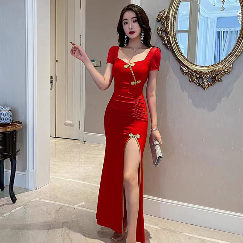 性感领露背连衣裙女网纱拼接短袖气质包臀裙子开叉修身显瘦长裙